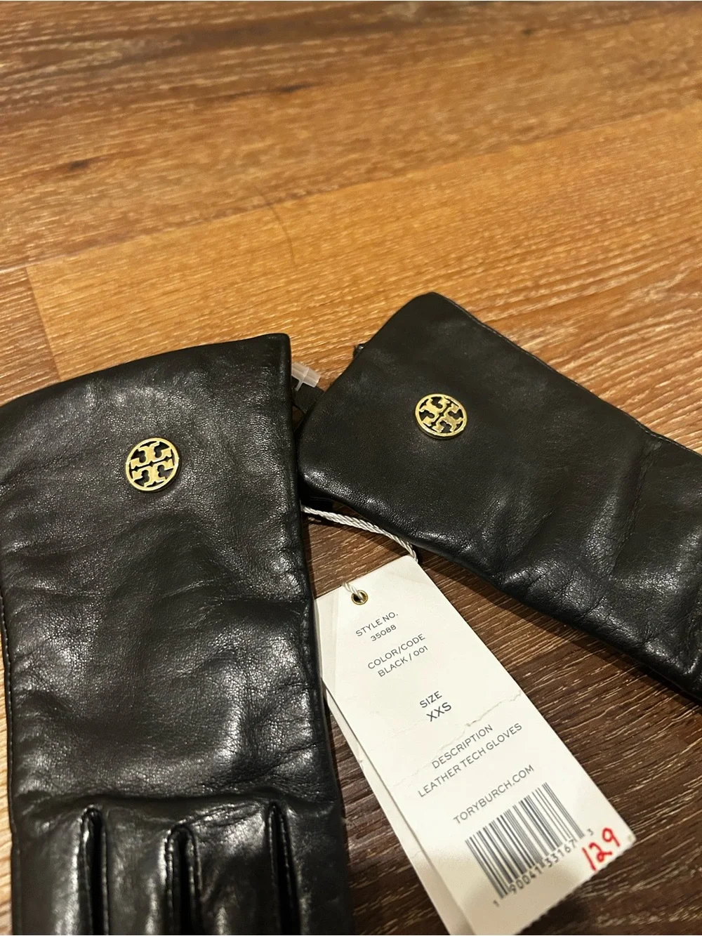 Tory Burch Black Leather Gloves with Gold Logo Medallion
